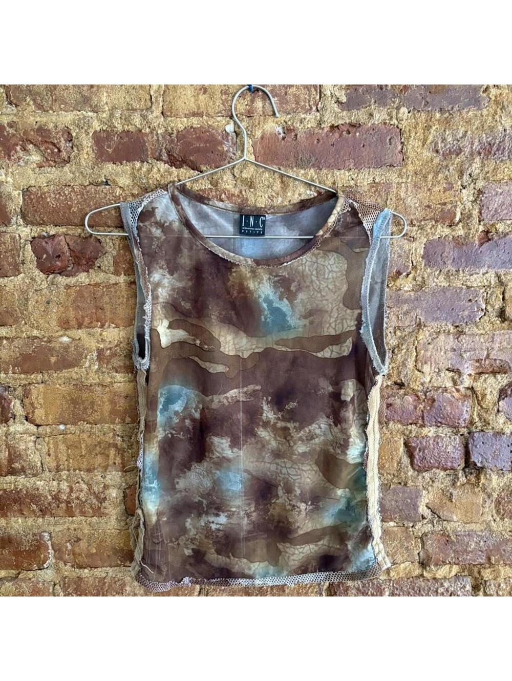 INC International Concepts Brown and Blue Tie-Dye Mesh Upcycled Tank Top